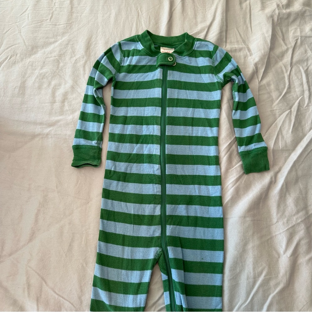 Striped Green and Light Blue Hanna Andersson one-Piece Zip Pajamas
